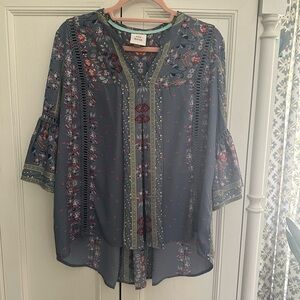 Knox Rose Teal Floral Lace-Trim Boho Tunic Sz S Excellent condition